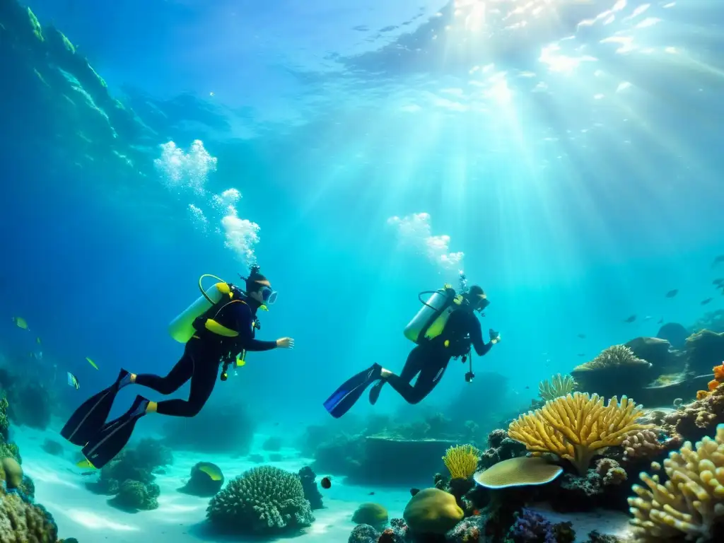 Buceo para niños exploración submarina: niños buceadores explorando un mundo submarino colorido y lleno de vida marina bajo el agua cristalina