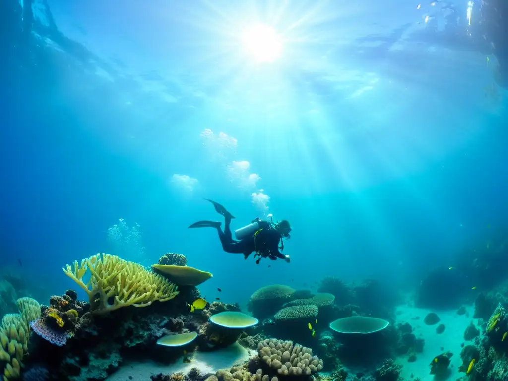 Buceo técnico y científico en el mar: equipo de buceadores explorando un arrecife de coral lleno de vida marina colorida