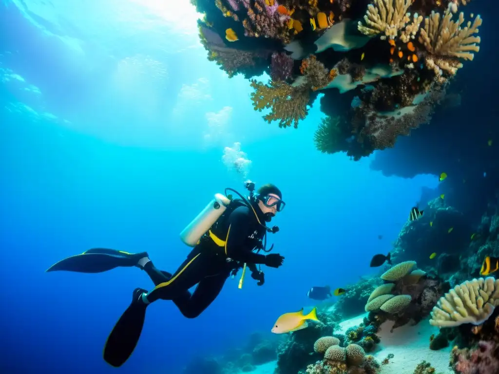 Buceo técnico y científico en el mar: Inmersión especializada con vida marina colorida y equipo detallado bajo la vibrante luz azul del agua