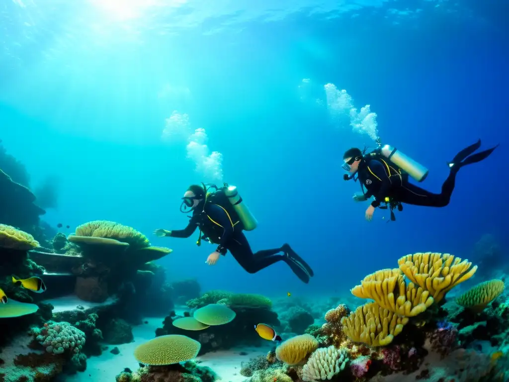 Buceo técnico y científico en el mar: investigación en arrecife de coral con equipo avanzado, rodeado de vida marina vibrante y colorida