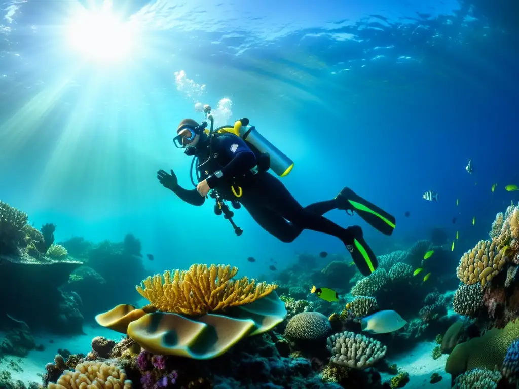 Buceo técnico en vida marina: exploración de arrecife de coral rodeado de peces, tortugas marinas y plantas exóticas en aguas cristalinas