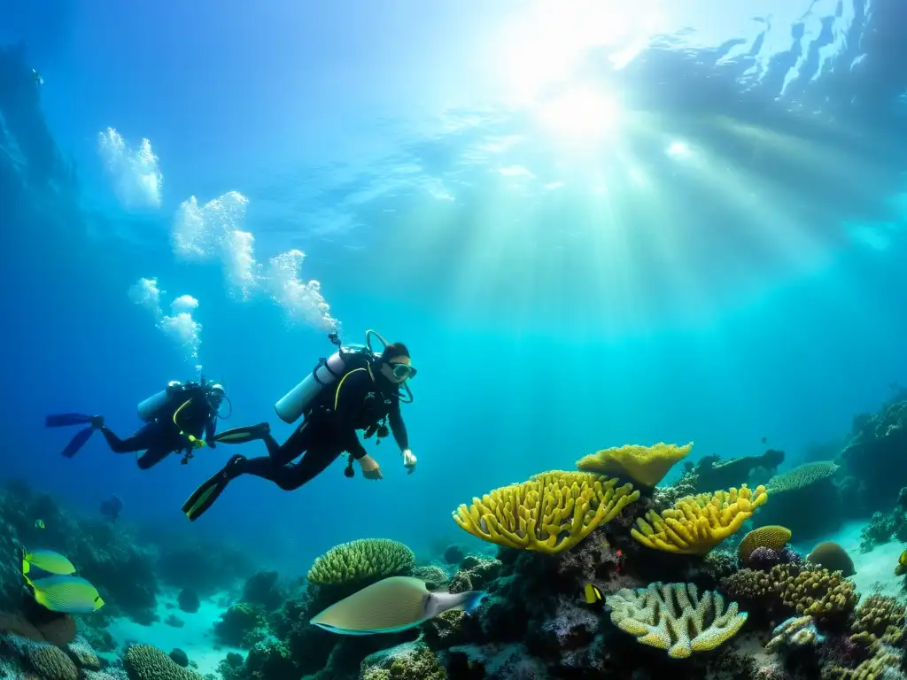 Buceo técnico en vida marina: Grupo de buceadores explorando un arrecife de coral vibrante, iluminados por la suave luz filtrada del agua