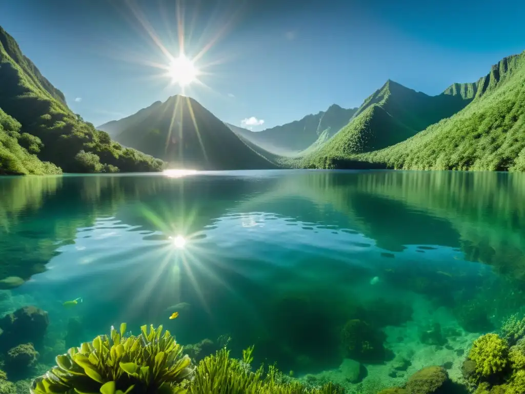 Certificación buceo altitud lagos embalses: Inmersión tranquila en lago de montaña, flora y fauna submarina iluminada por rayos de sol