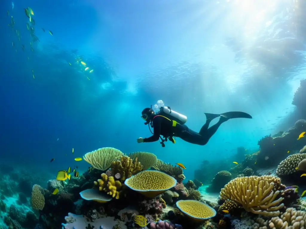 Exploración submarina: Diver entre arrecife de coral Buceo entre coral vibrante y vida marina, mejoras reguladores, inmersiones emocionantes