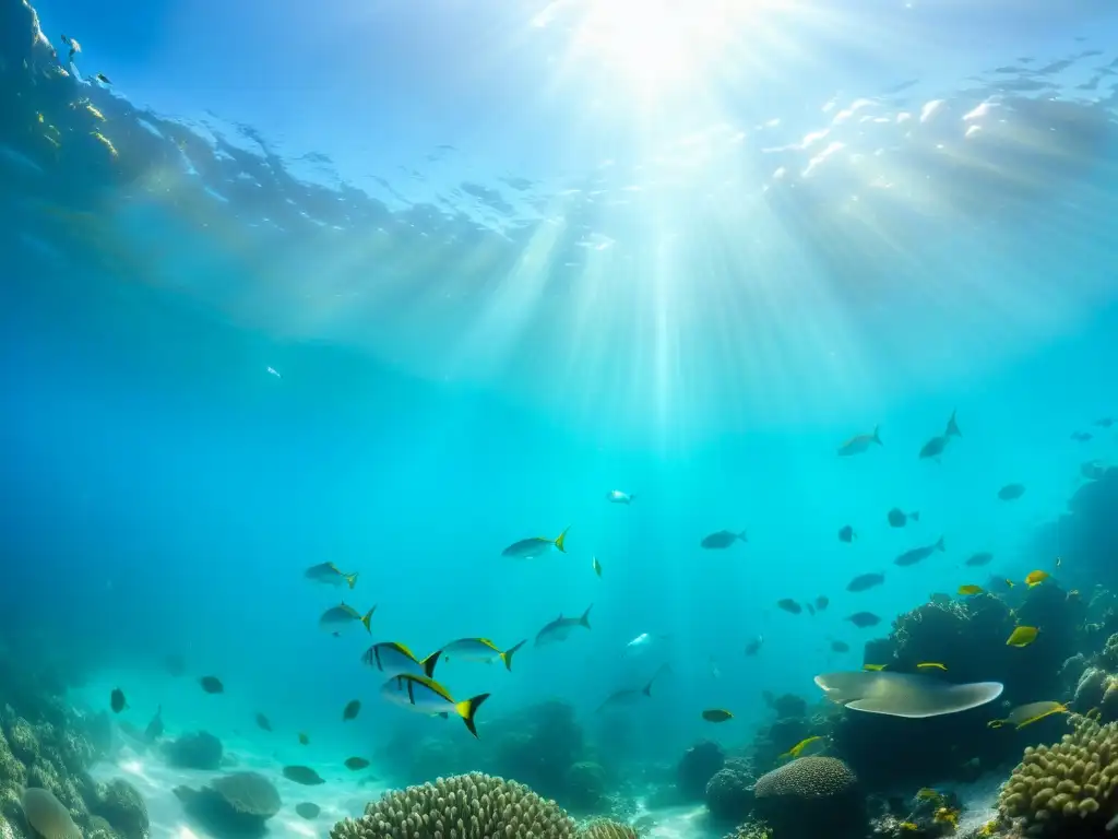 Un bullicioso cardumen de peces nada en aguas turquesas, mientras el sol crea patrones hipnóticos en el fondo marino