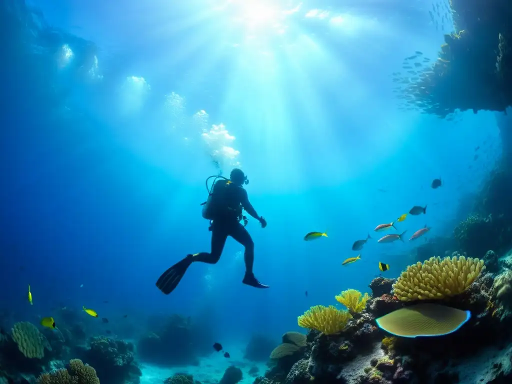 Un buzo desciende graciosamente hacia el abismo azul, rodeado de peces y corales