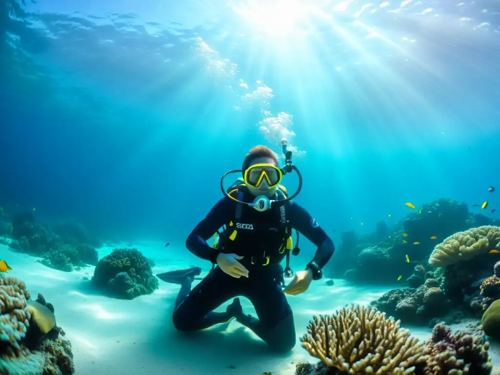 Buzo practicando mindfulness bajo el agua entre corales y vida marina, creando una atmósfera serena y tranquila