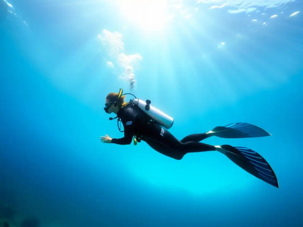 Un buzo se desliza elegantemente bajo el agua cristalina, impulsado por las aletas Cressi Ara EBS