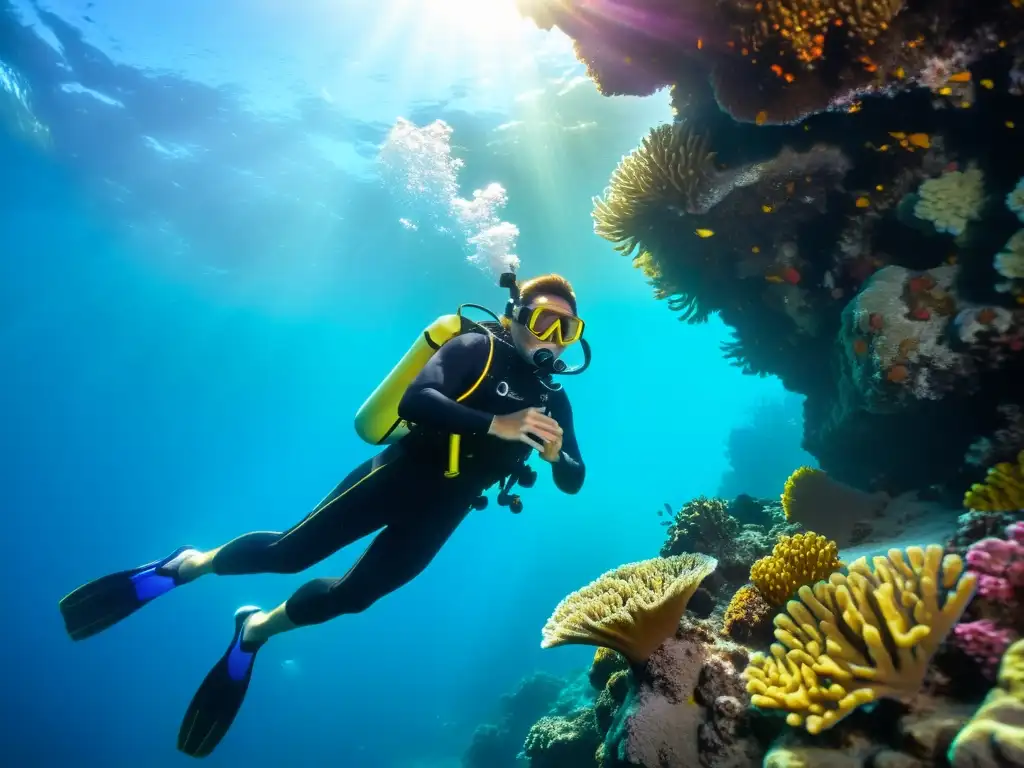 Un buzo surca el agua cristalina rodeado de vida marina y corales vibrantes, mostrando los beneficios de ejercicios para aumentar resistencia buceo