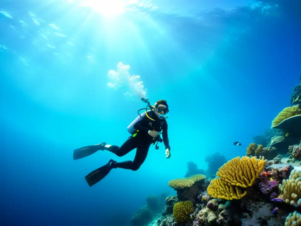 Un buzo se desliza graciosamente en aguas cristalinas rodeado de vida marina colorida y arrecifes de coral