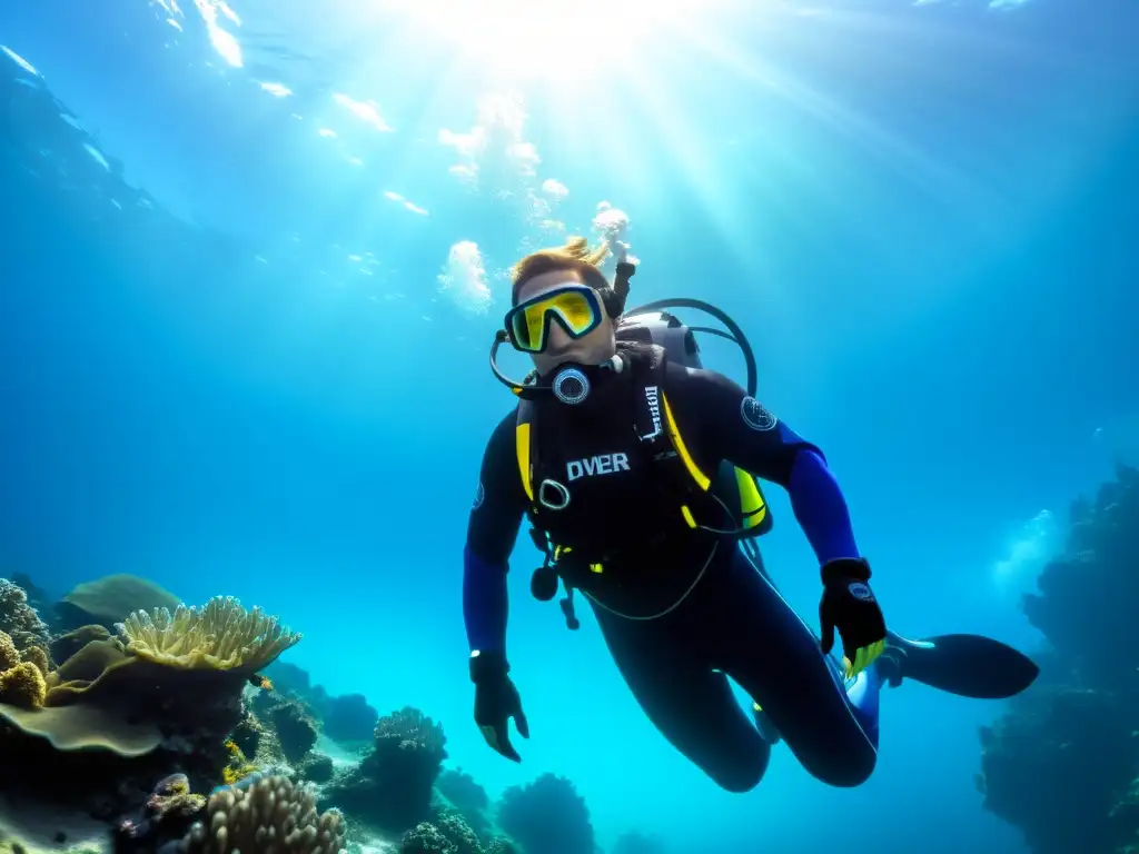 Un buzo desciende en aguas cristalinas usando un traje de buceo con regulación térmica de Fourth Element