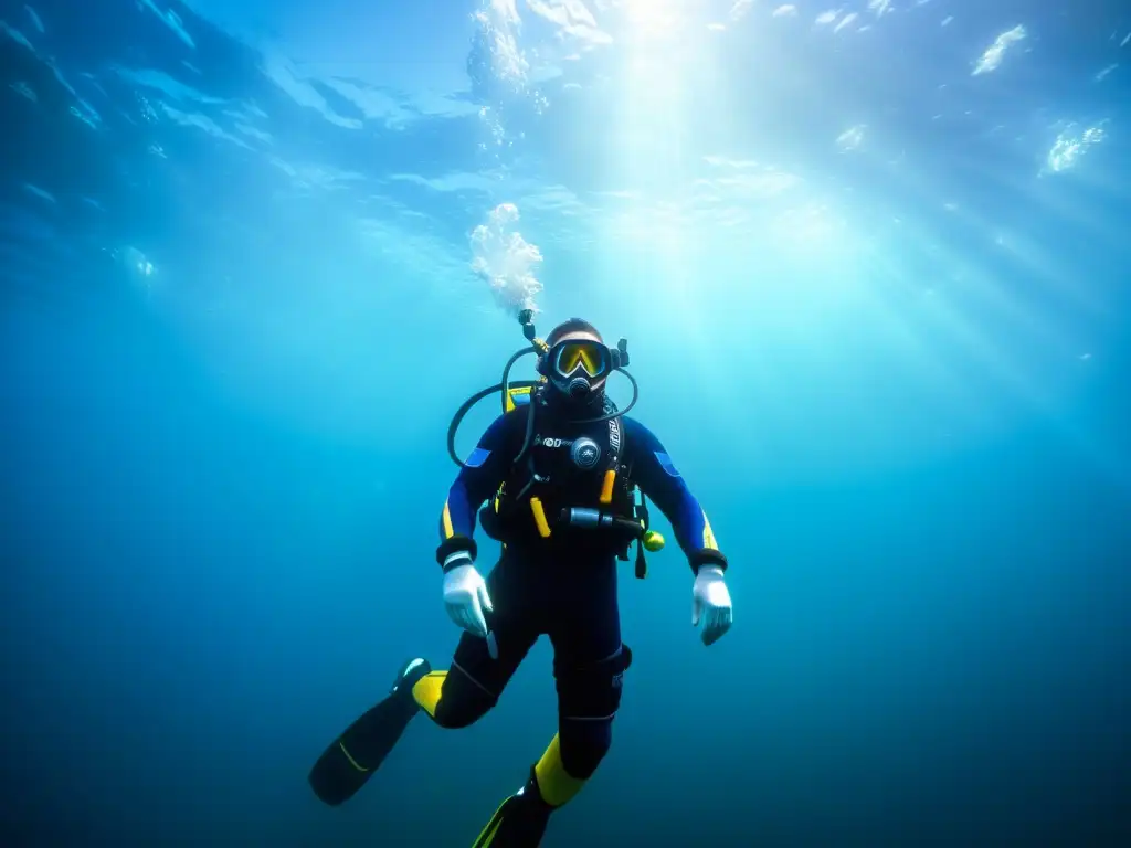 Un buzo explorando aguas heladas, rodeado de vida marina