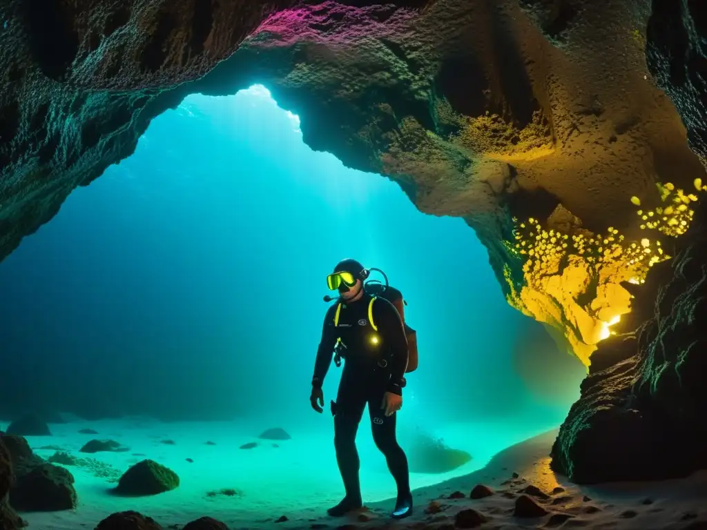 Un buzo de aguas profundas, iluminado por criaturas bioluminiscentes, navega con gracia en una cueva submarina