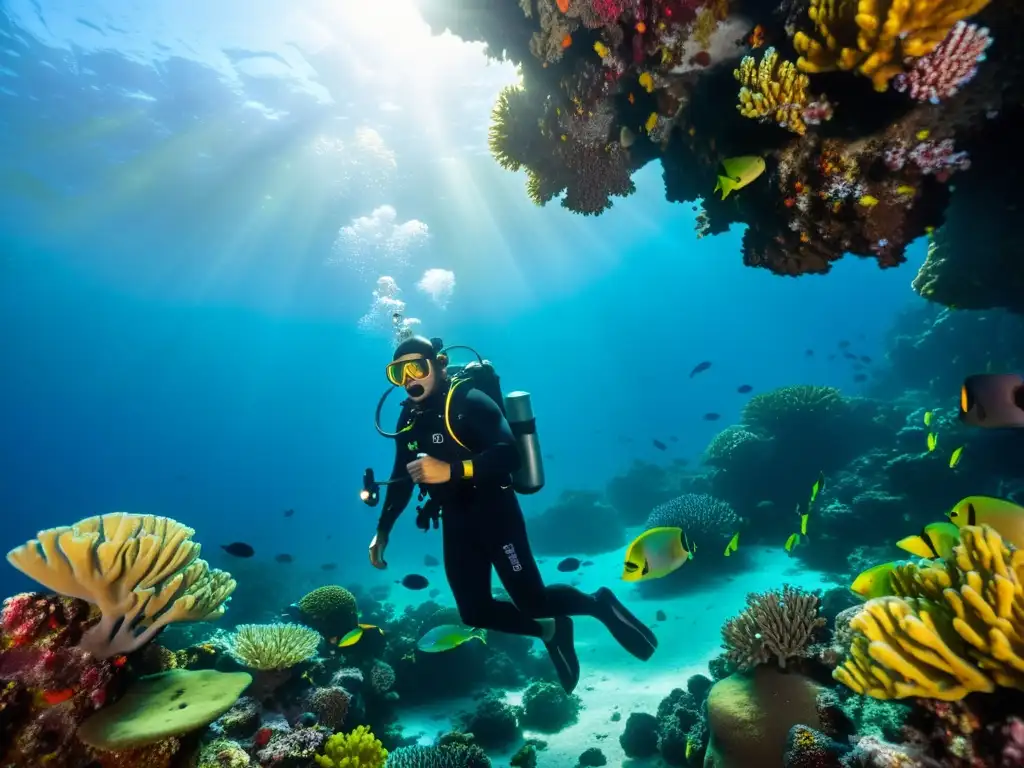 Un buzo de aguas profundas con traje de neopreno negro explora un vibrante arrecife de coral, iluminando con una linterna submarina