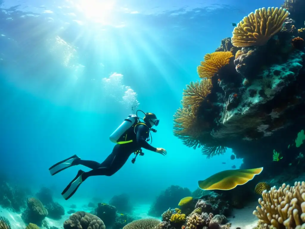 Un buzo explora tranquilamente aguas turquesas rodeado de vida marina y coral vibrante, destacando su chaleco de buceo híbrido