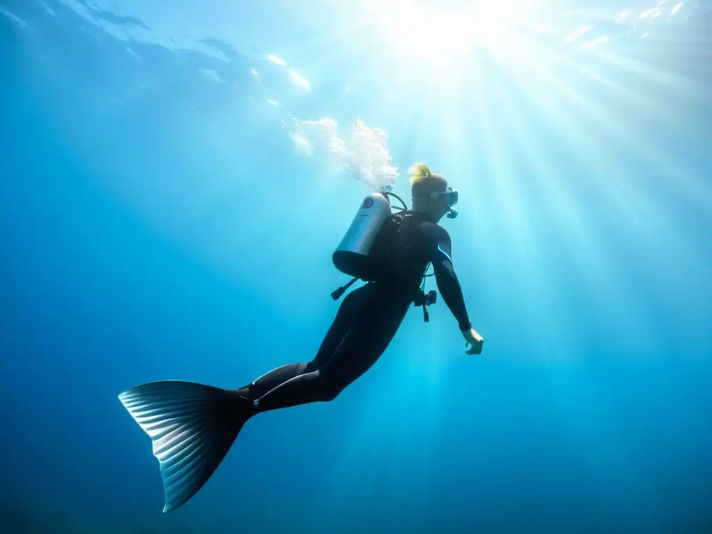 Un buzo con aletas SplitFin deslizándose con gracia en aguas cristalinas, creando un contraste visual impactante