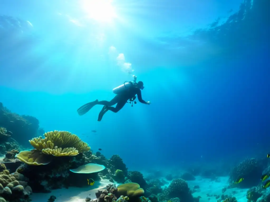 Un buzo en apnea deslizándose con gracia en un tranquilo océano azul, rodeado de vida marina