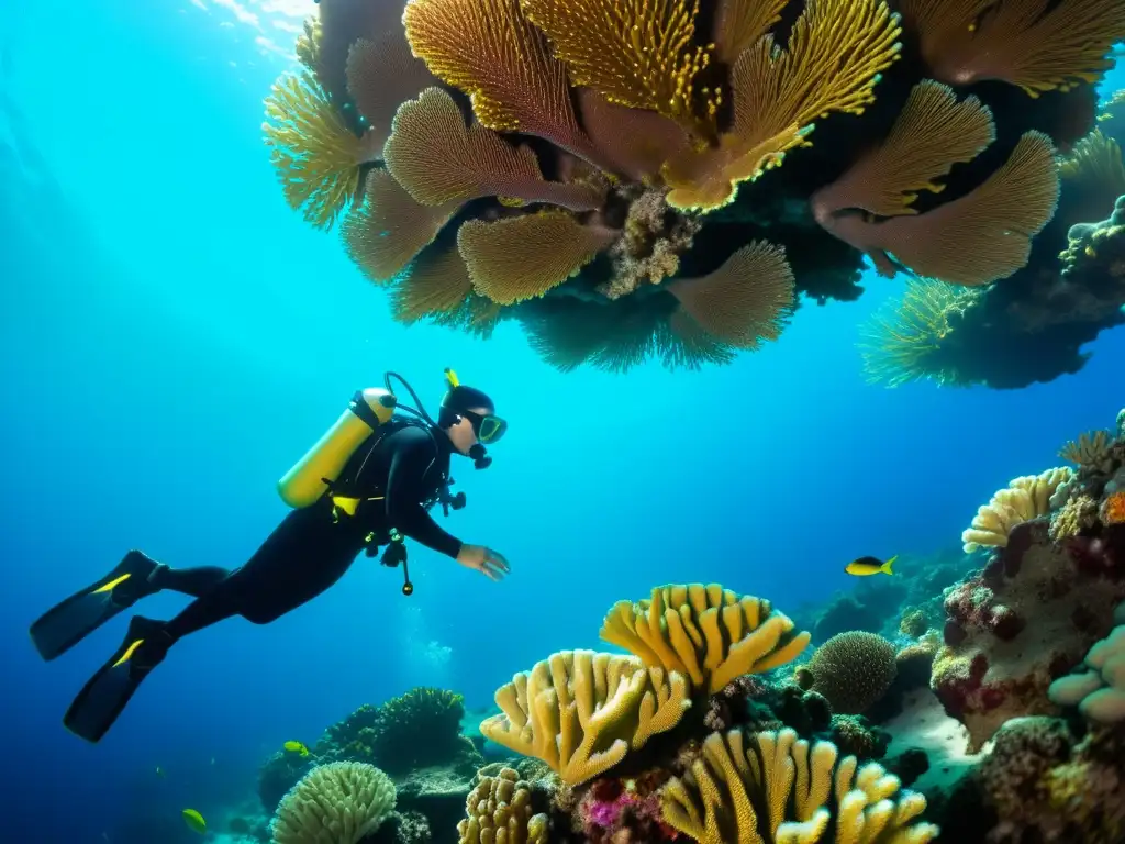 Un buzo explora un arrecife de coral con un dispositivo GPS bajo el agua, mostrando la integración de GPS en buceo