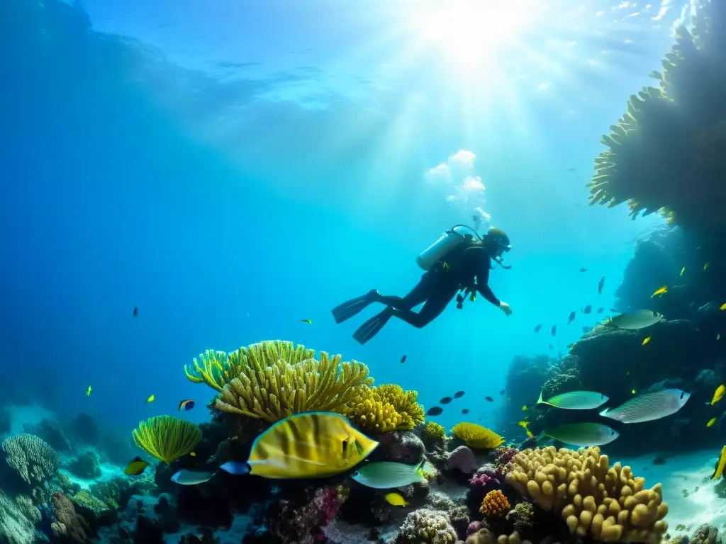 Un buzo explora un arrecife de coral junto a peces coloridos en un curso de buceo con tanque, bajo la luz del sol en el agua cristalina