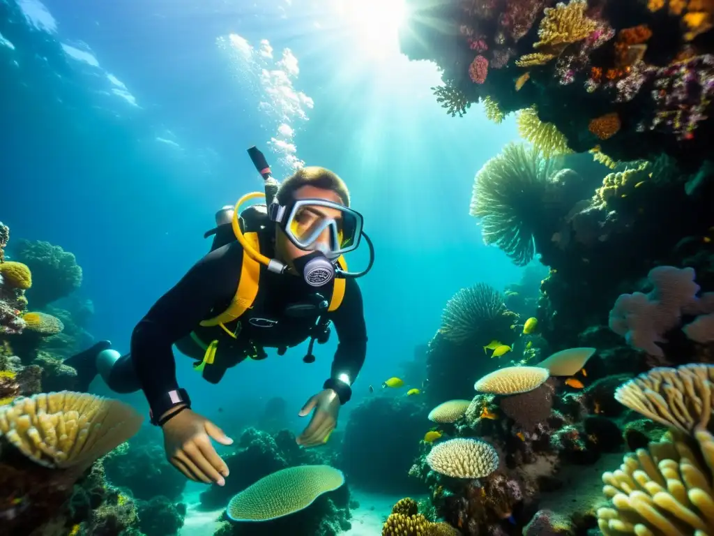 Un buzo explorando un arrecife de coral rodeado de vida marina colorida