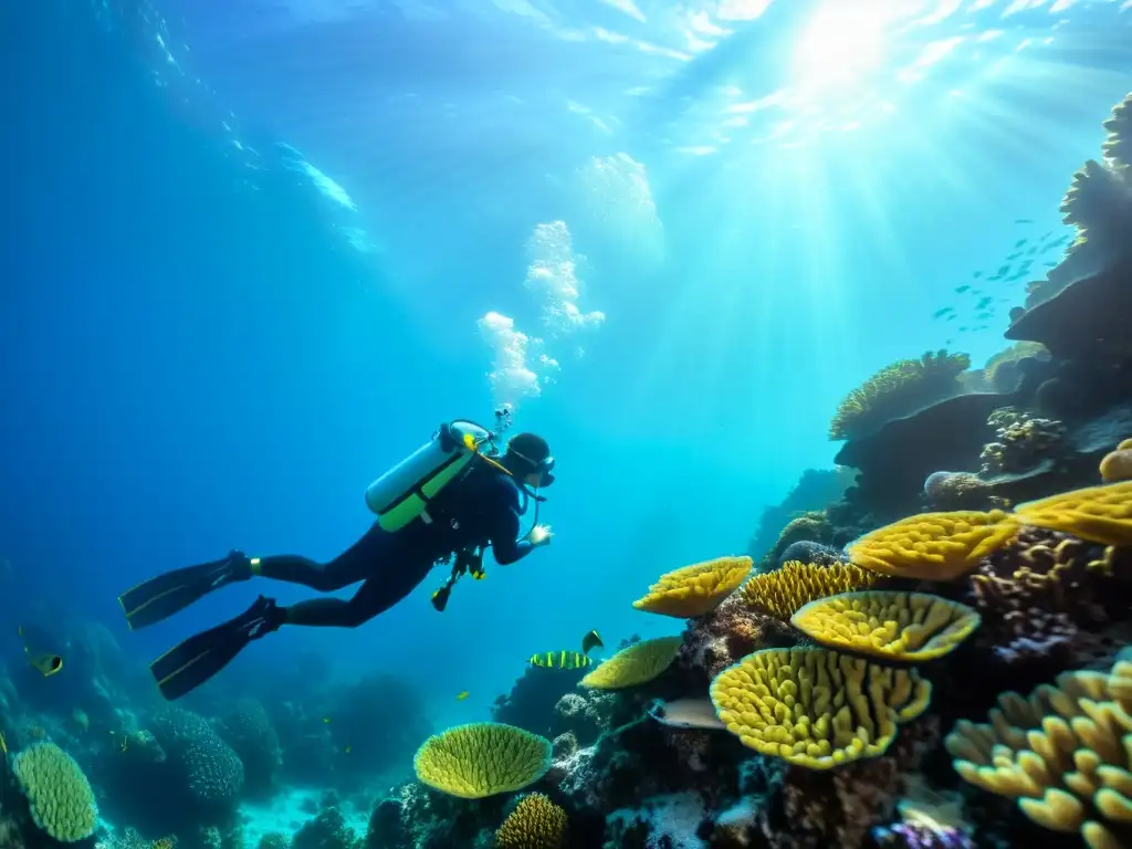 Un buzo explora un arrecife de coral, rodeado de vida marina colorida