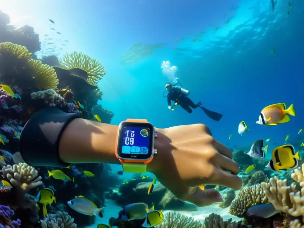 Un buzo explora un arrecife de coral con un smartwatch de buceo para salud submarina, rodeado de peces de colores en aguas cristalinas