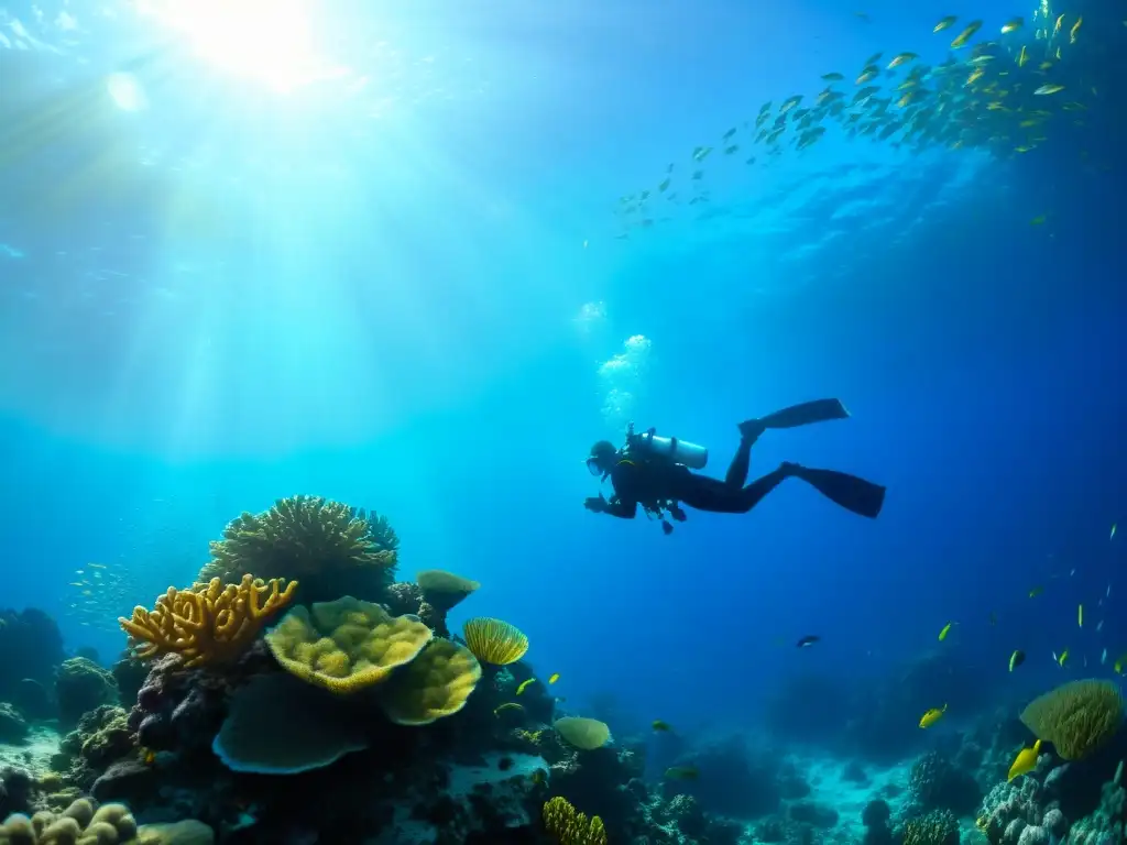 Un buzo en un arrecife de coral vibrante, rodeado de peces coloridos, realizando ejercicios para aumentar resistencia buceo en un mar azul profundo