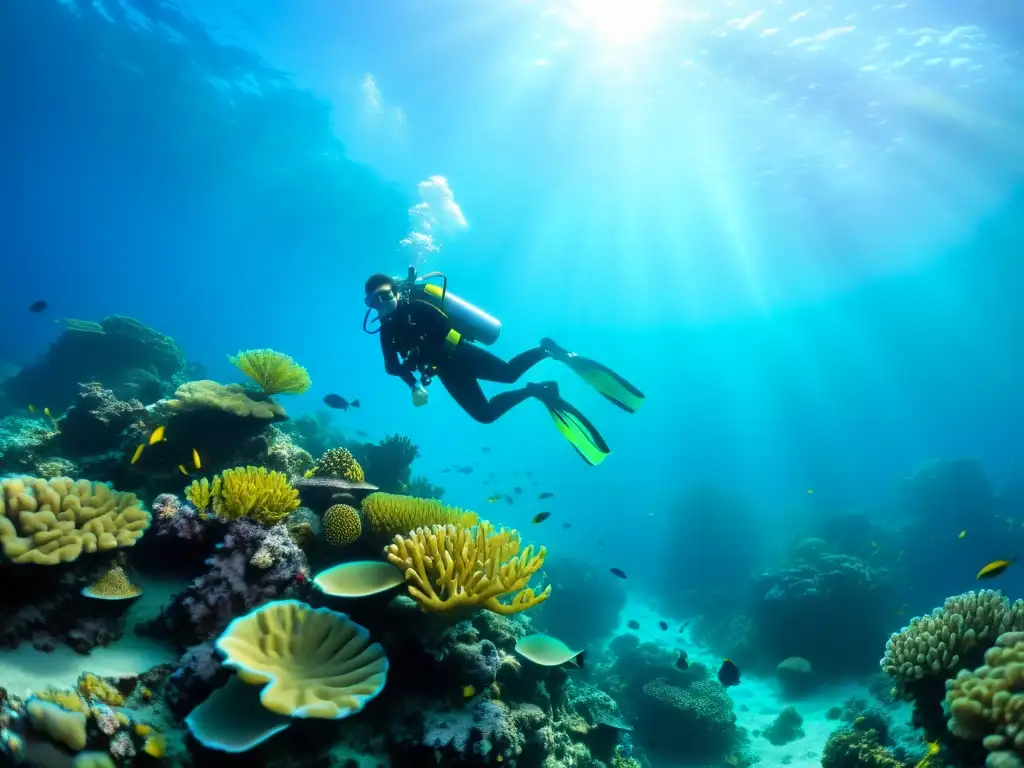 Un buzo explora un arrecife de coral vibrante, acompañado de peces coloridos