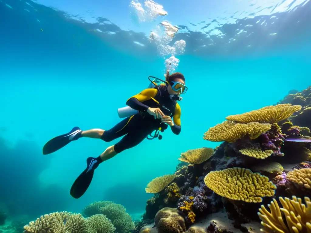 Un buzo se desliza grácilmente entre un arrecife de coral vibrante, demostrando un entrenamiento de buceo equilibrado en aguas cristalinas