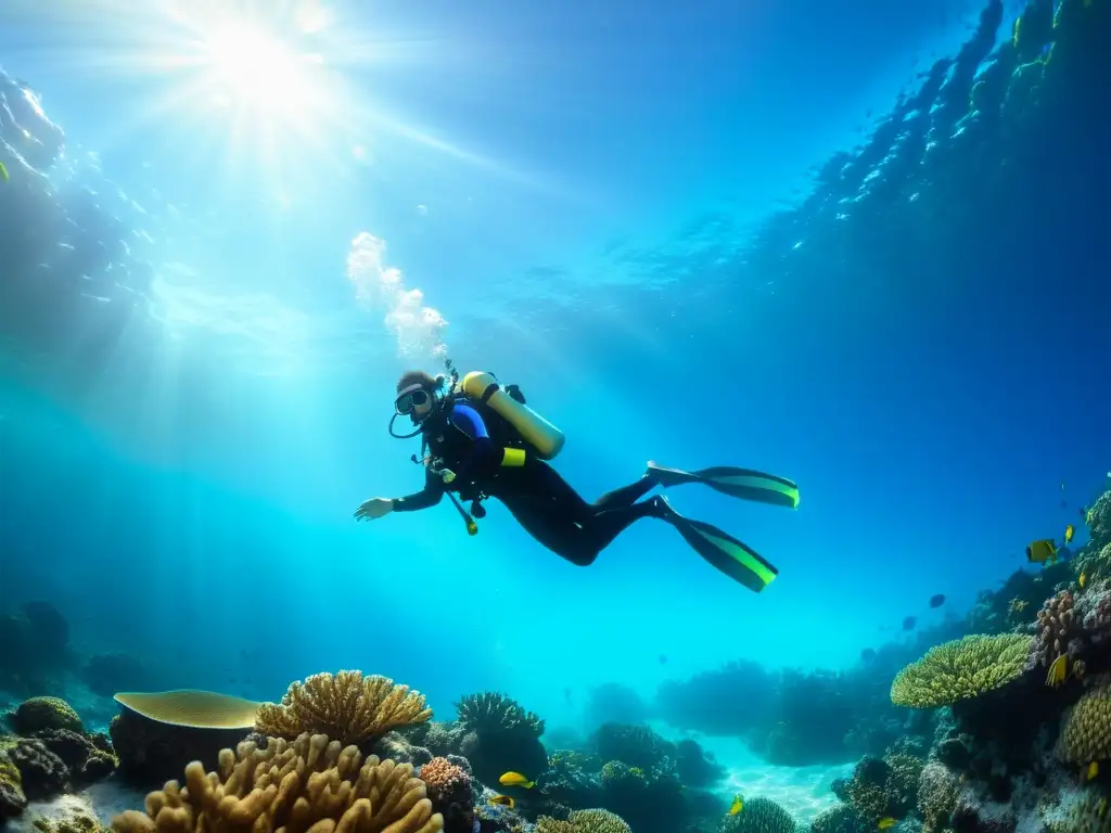 Un buzo explora un arrecife de coral vibrante bajo el agua azul, capturando la emoción y la maravilla de la certificación de buceo con Nitrox