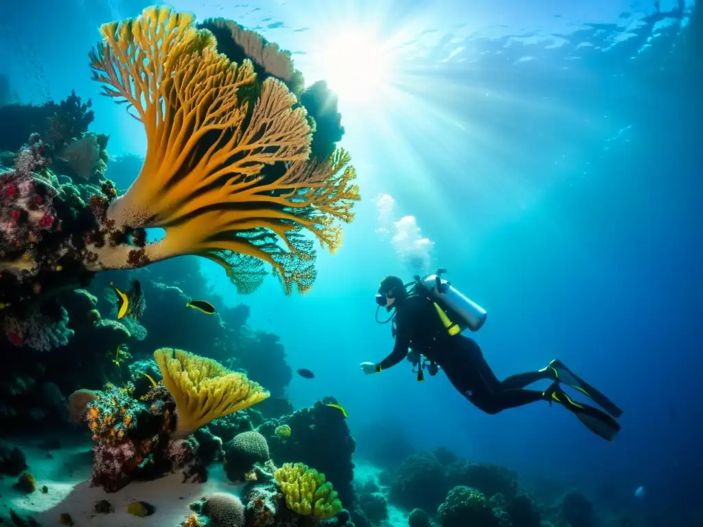 Un buzo explora calmadamente un arrecife de coral vibrante bajo el agua, mostrando tranquilidad y preparación mental