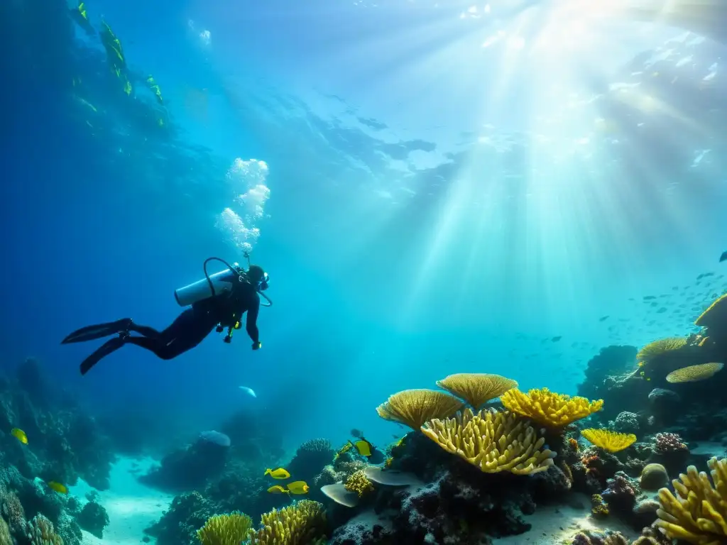 Un buzo se desliza grácilmente entre arrecifes de coral vibrantes, rodeado de vida marina colorida y un misterioso naufragio