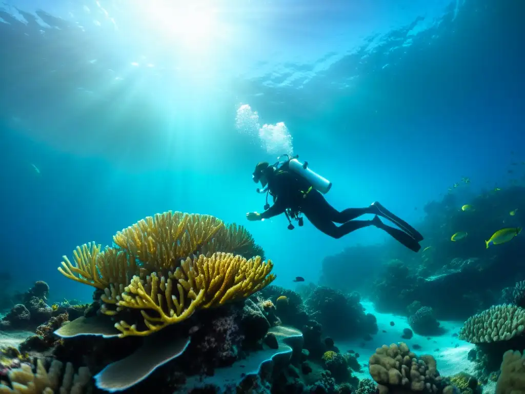 Un buzo captura la belleza del arrecife de coral en alta resolución, mostrando la vida marina y el juego de luces y sombras