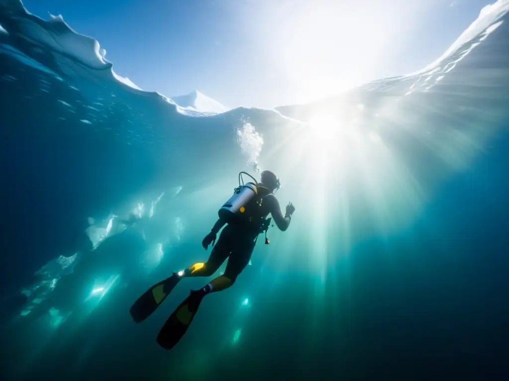 Un buzo explora la belleza helada del entorno submarino ártico, revelando su misterio y serenidad