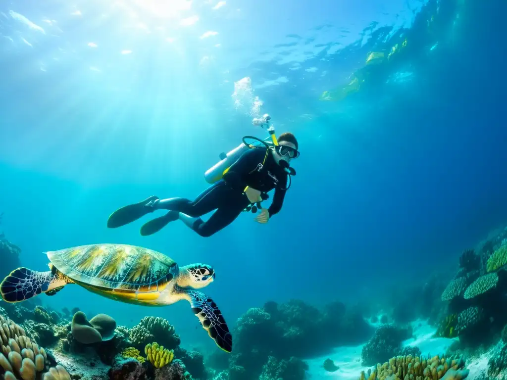 Un buzo captura la belleza del mundo submarino con su cámara en una imagen fascinante de un arrecife de coral vibrante y vida marina colorida