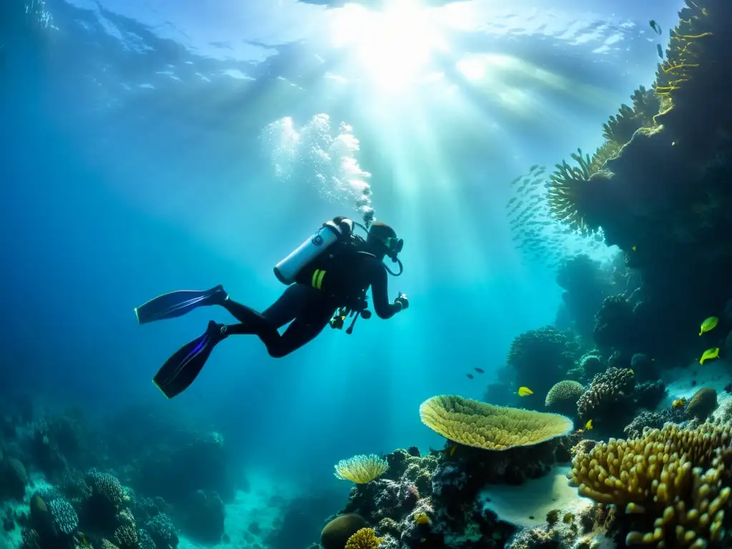 Un buzo de entrenamiento buceo técnico profundo se sumerge en un mar de coral, envuelto en una atmósfera de aventura y serenidad