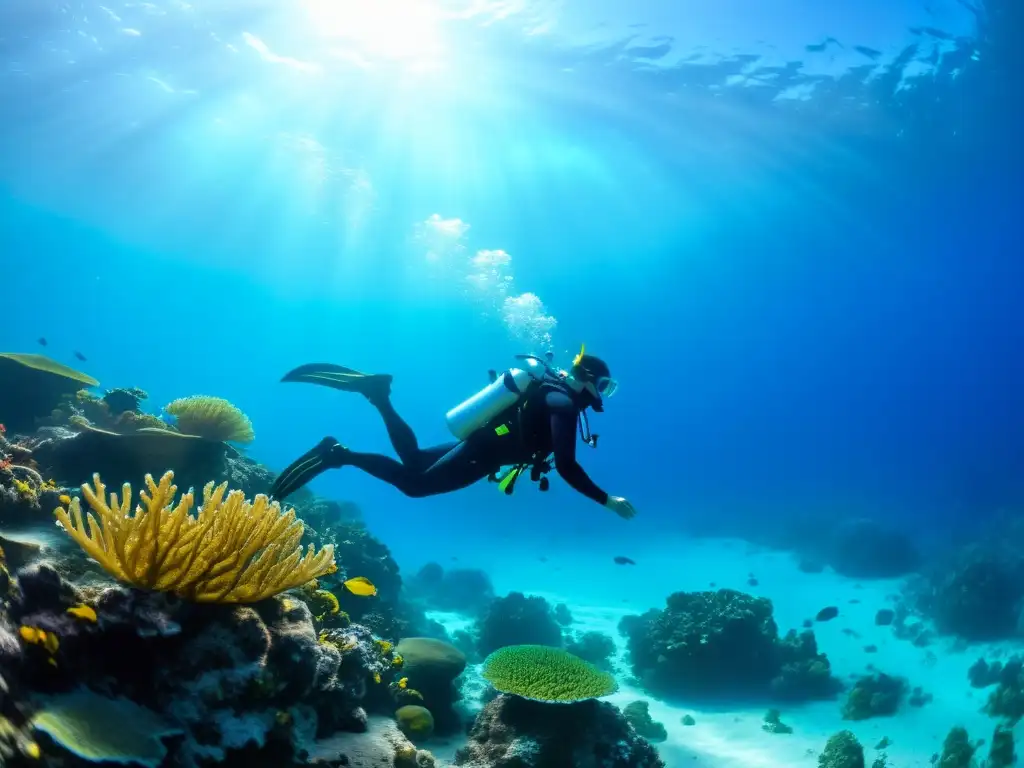 Un buzo disfruta del buceo sidemount sin botella en un mundo submarino de aguas cristalinas, corales vibrantes y vida marina colorida