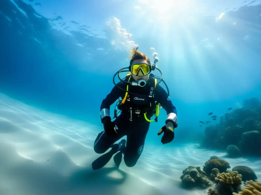 Un buzo disfruta de la calidez de sus guantes y botas calefactados al deslizarse por las aguas frías, creando un contraste visual impresionante