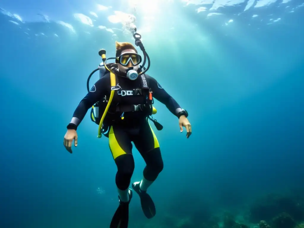 Exploración submarina: BCD moderno en acción Un buzo desciende con calma en un moderno BCD, mostrando sus innovadores detalles y su rendimiento en diferentes entornos bajo el agua