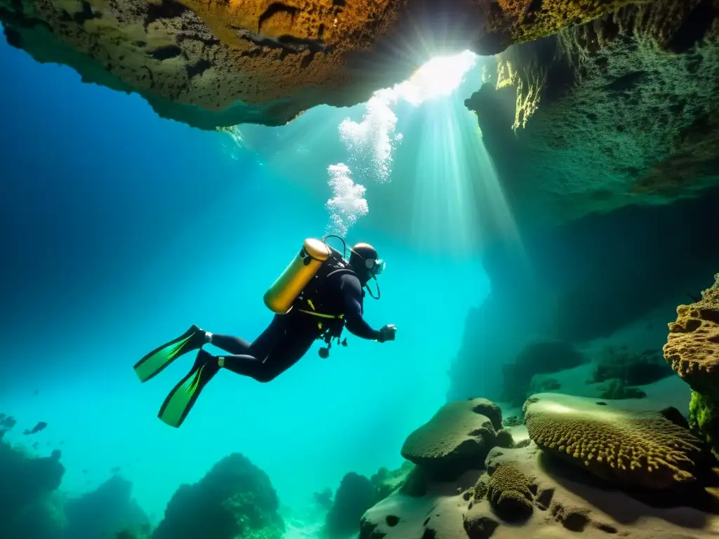 Buzo explorando una caverna submarina con técnicas avanzadas de buceo cavernas subacuáticas, iluminado por una potente luz submarina