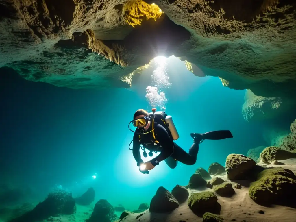 Un buzo de cavernas experto, con equipo de buceo avanzado, explorando una caverna submarina iluminada por su linterna de buceo