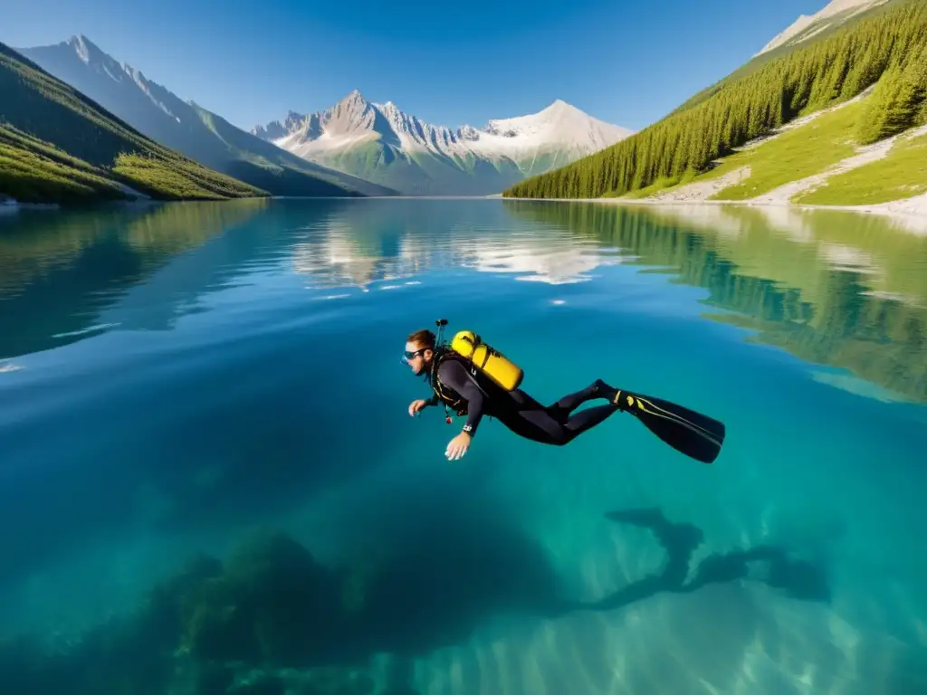 Un buzo certificado disfruta de la belleza del mundo submarino en un lago de alta montaña