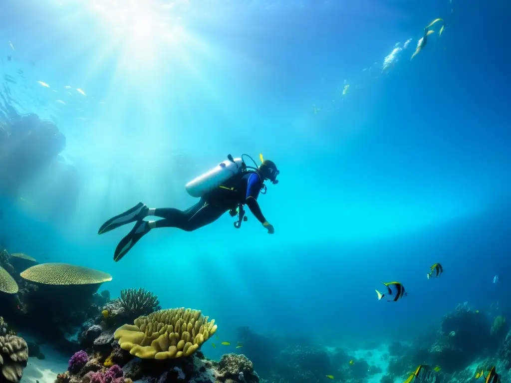 Un buzo certificado disfruta de la vida marina en un vibrante arrecife de coral, demostrando dominio en corrientes marinas