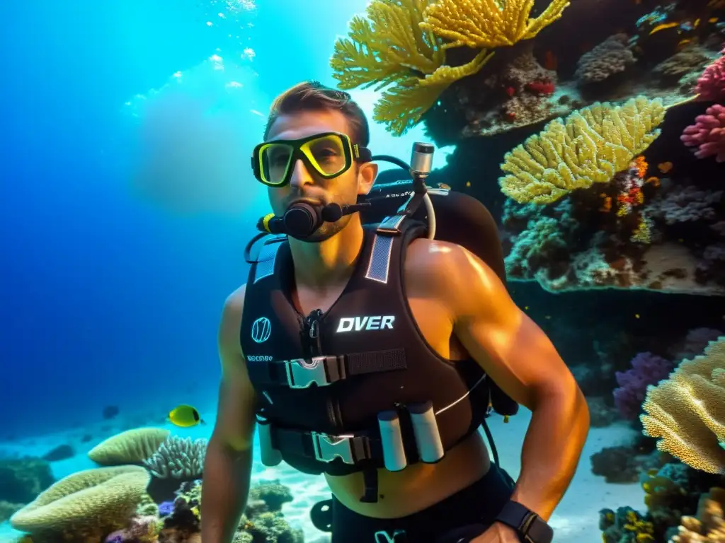 Un buzo con chaleco de buceo híbrido negro en aguas cristalinas, rodeado de un arrecife de coral colorido