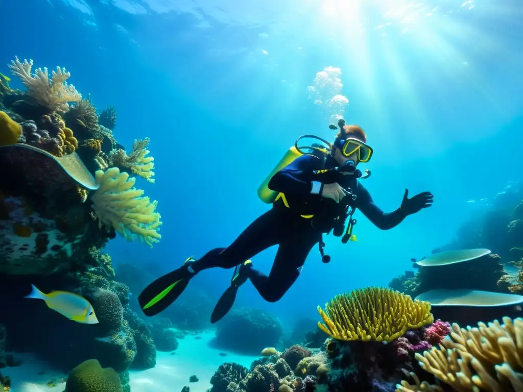 Un buzo con chaleco de buceo híbrido entre arrecifes de coral y vida marina, iluminado por el sol en aguas claras y vibrantes