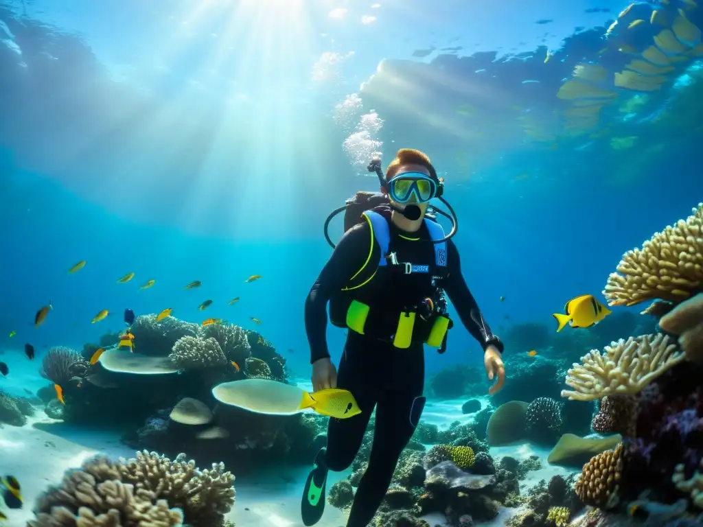 Un buzo con chaleco hidrostático de última tecnología explora un arrecife de coral, rodeado de peces coloridos bajo el agua cristalina