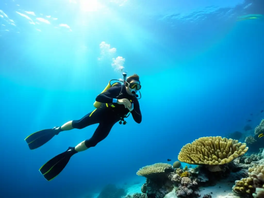 Un buzo se estira graciosamente entre coloridos arrecifes de coral, mostrando la importancia del estiramiento en buceo