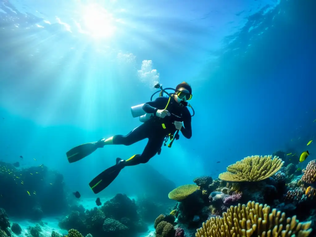 Un buzo se desliza elegantemente entre coloridos arrecifes de coral y vida marina, creando una silueta impactante