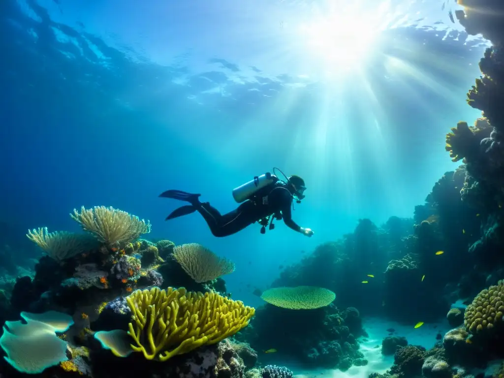 Un buzo en armonía entre corales, reflejos de luz y vida marina, transmitiendo calma y serenidad, ideal para el manejo de la ansiedad en buceo