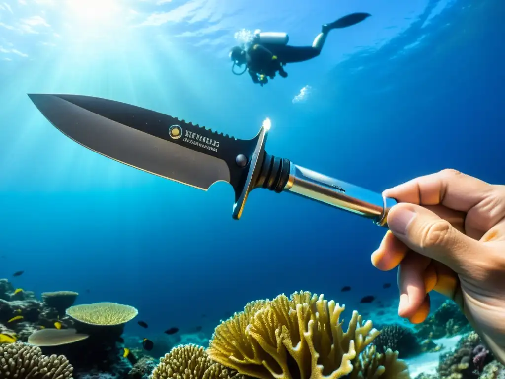 El buzo sostiene un cuchillo de buceo reluciente con el arrecife de coral al fondo
